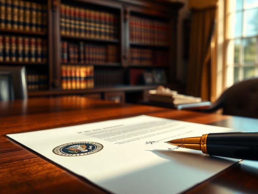 Flick International Close-up of a wooden desk in a presidential office with an ink pen and official document