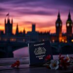 Flick International A weathered British passport on a wooden table with London's skyline in the background at sunset.