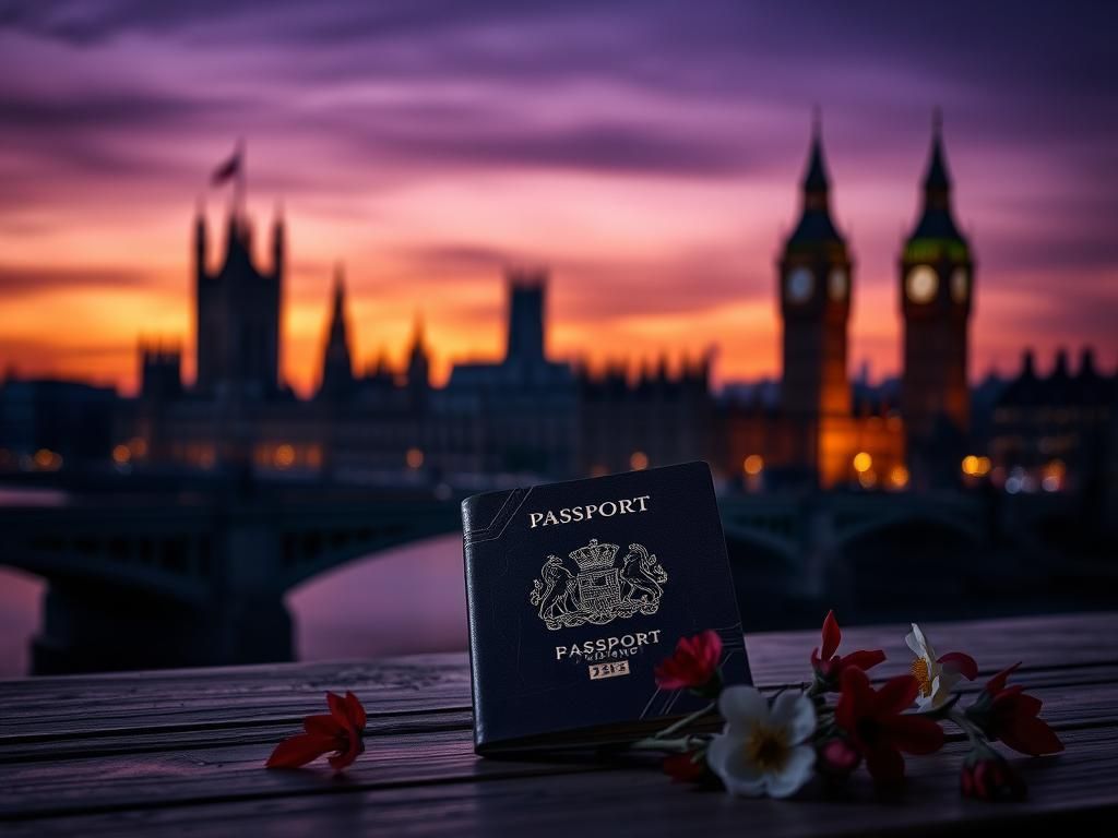 Flick International A weathered British passport on a wooden table with London's skyline in the background at sunset.