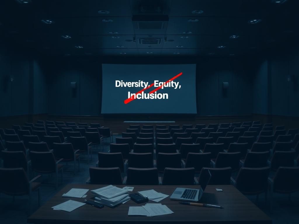 Flick International Dimly lit university lecture hall with empty seats and a projection screen showing crossed-out 'Diversity, Equity, Inclusion' text