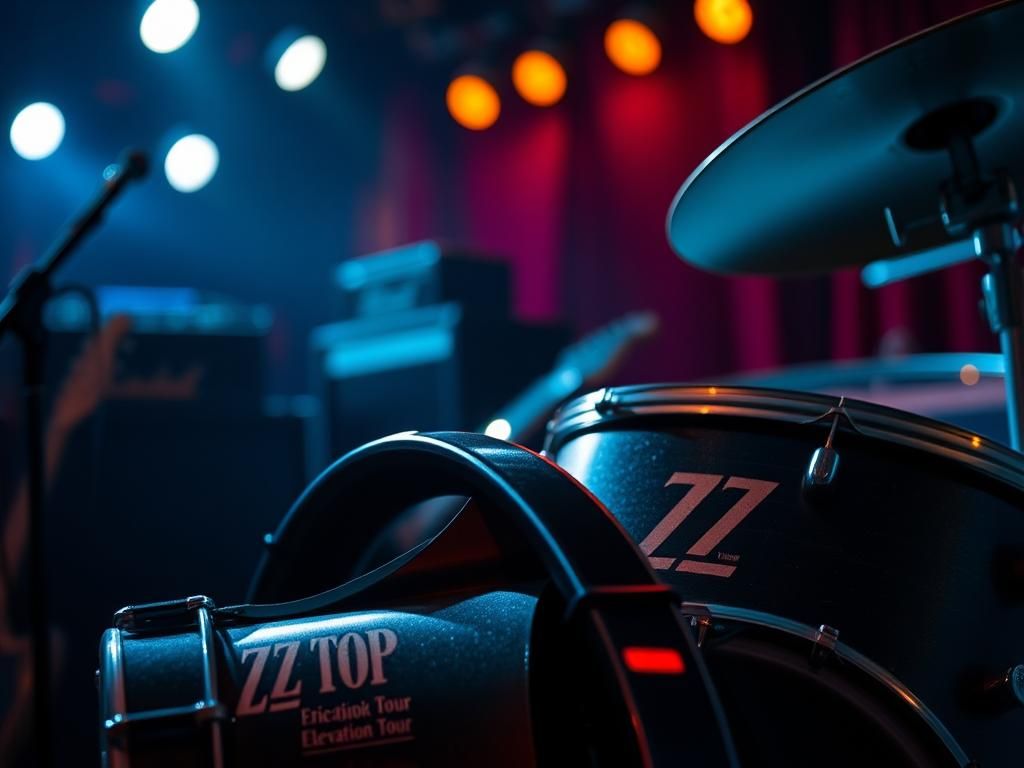 Flick International Close-up of a vintage drum set with ZZ Top logo, symbolizing Frank Beard's health-related tour break