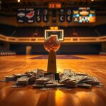 Flick International Championship trophy surrounded by $50,000 bills on a basketball court