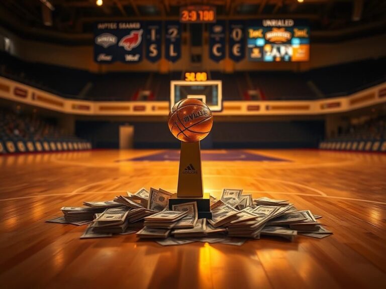 Flick International Championship trophy surrounded by $50,000 bills on a basketball court