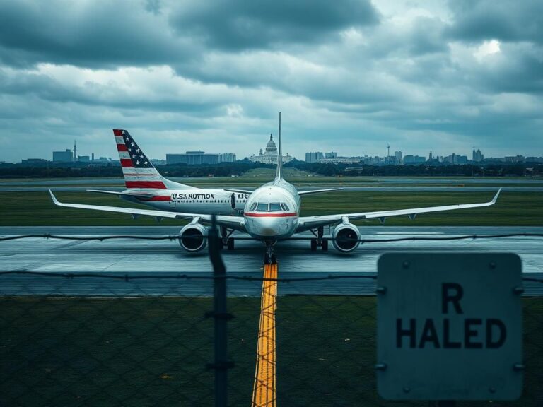 Flick International A weathered airplane on a runway under an overcast sky, symbolizing halted deportation flights.