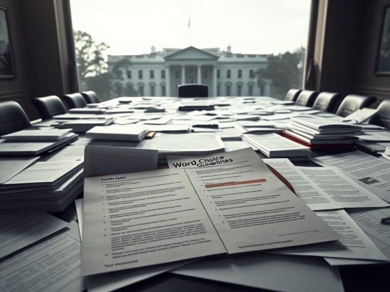 Flick International A large desk covered with governmental documents including a prominent folder labeled 'Word Choice Guidelines'.