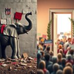 Flick International A split scene depicting political division with a worn-down Democratic elephant and protest signs on one side, and an open door symbolizing unity on the other