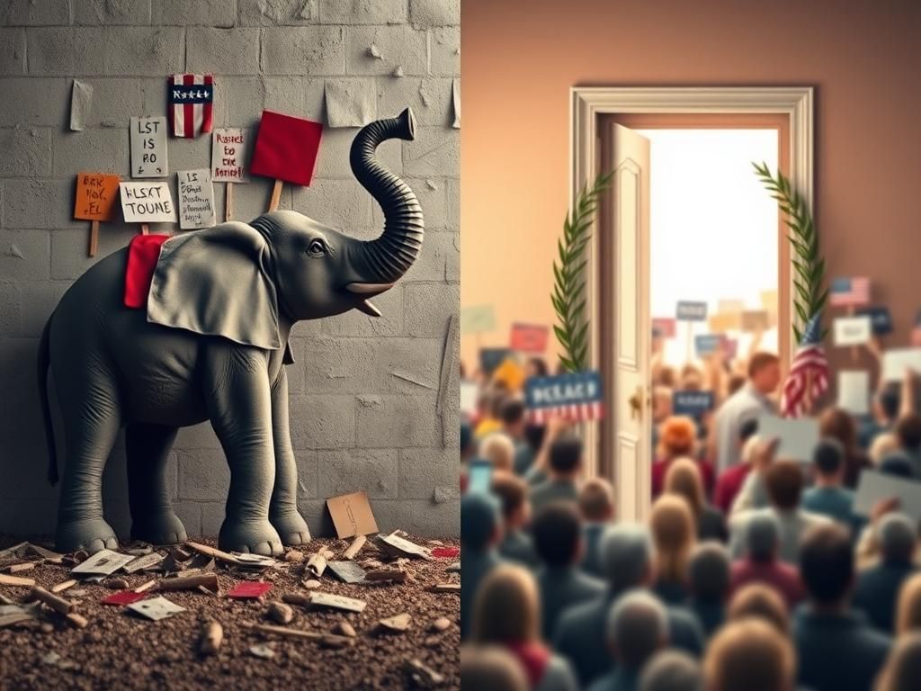 Flick International A split scene depicting political division with a worn-down Democratic elephant and protest signs on one side, and an open door symbolizing unity on the other