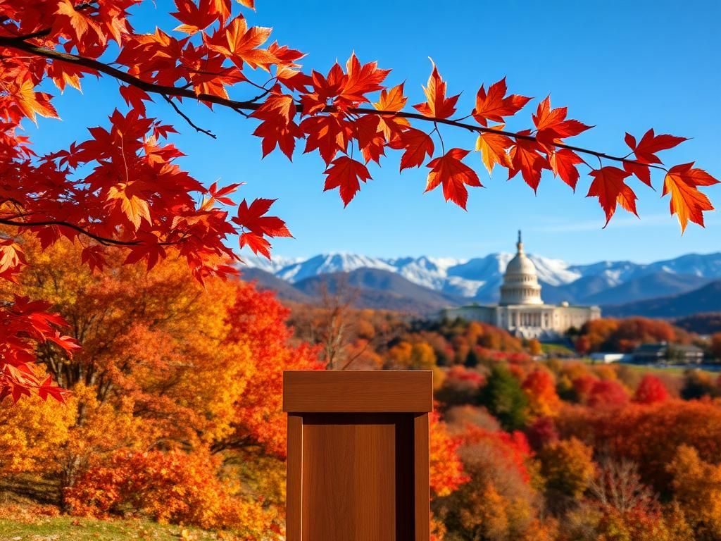 Flick International Scenic view of New Hampshire’s autumn landscape with vibrant fall foliage and an empty wooden podium