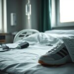 Flick International A worn basketball shoe resting on a hospital bed amidst medical equipment.