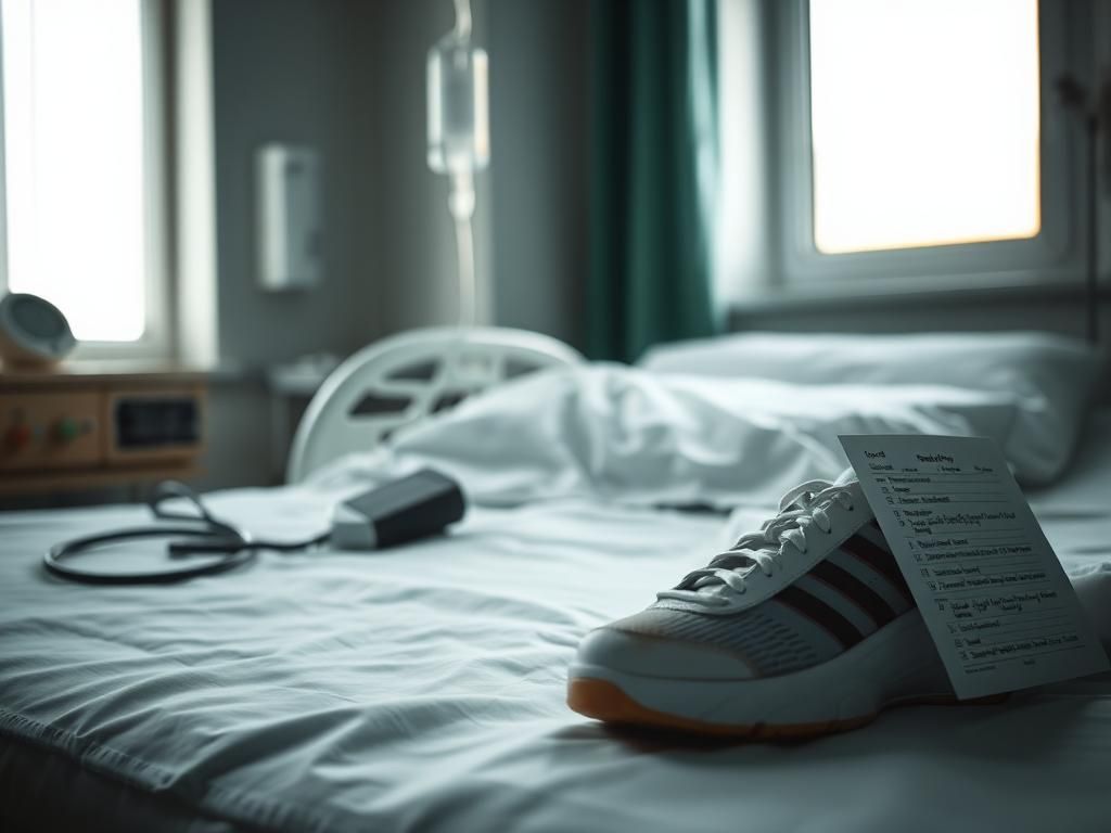 Flick International A worn basketball shoe resting on a hospital bed amidst medical equipment.