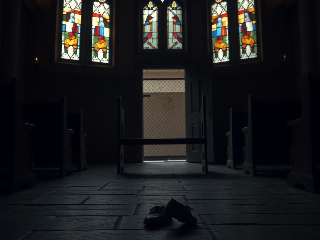 Flick International Dimly lit church interior with stained-glass windows and empty pew