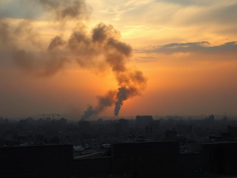 Flick International Aerial view of a war-torn landscape in Gaza with rubble and smoke