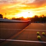 Flick International Sunset view of a tennis court with net and a soccer field in the background