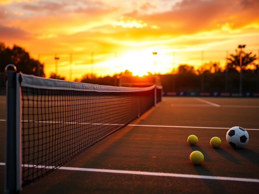 Flick International Sunset view of a tennis court with net and a soccer field in the background