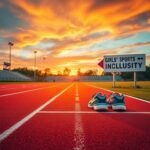 Flick International A vibrant sunset over an empty sports field symbolizing the debate on transgender athletes in girls' sports