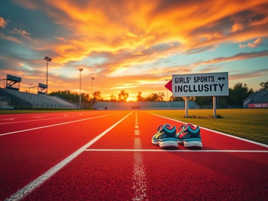 Flick International A vibrant sunset over an empty sports field symbolizing the debate on transgender athletes in girls' sports