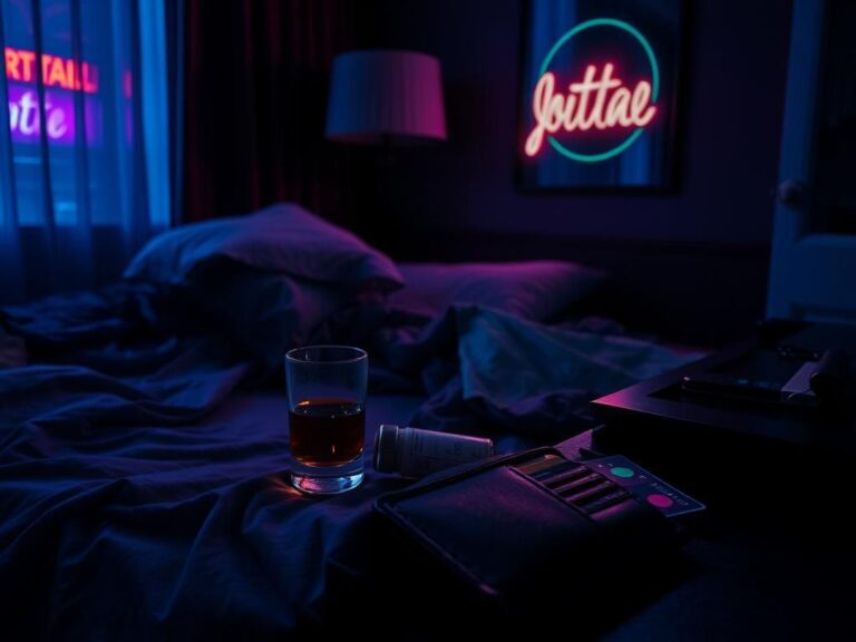 Flick International Dimly lit hotel room interior with disheveled bed and half-empty glass, hinting at a recent disturbance