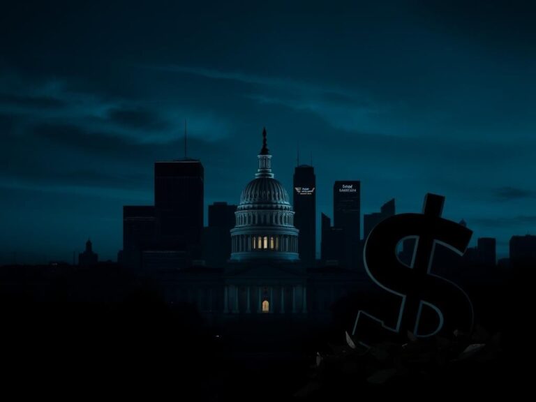 Flick International Dark, somber cityscape at night with the U.S. Capitol illuminated in the foreground and shadowy skyscrapers in the background