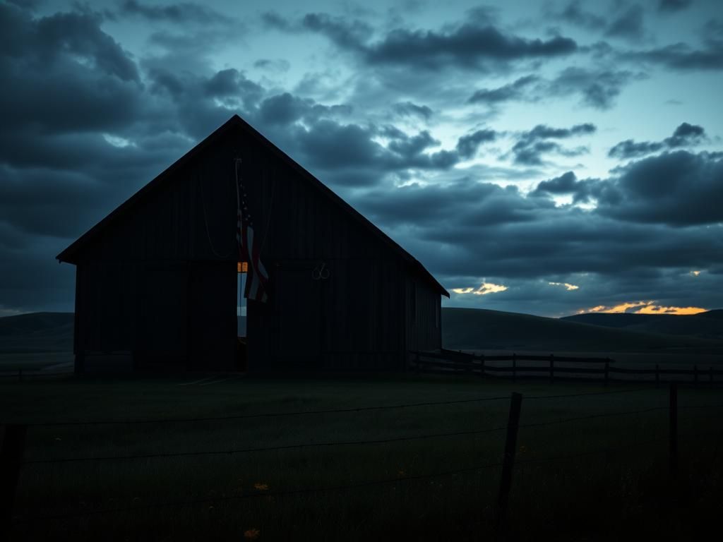 Flick International A Kentucky landscape at dusk featuring a rustic barn, barbed wire fence, and a faded American flag