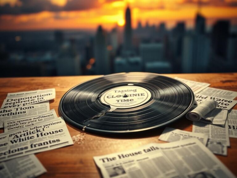 Flick International Vintage vinyl record titled 'Closing Time' on a wooden table, symbolizing the discord between music and politics.