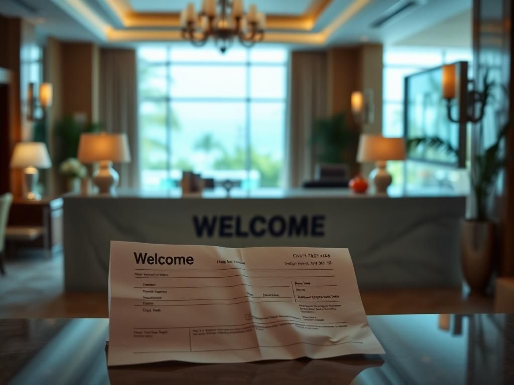 Flick International Serene hotel reception area with welcoming desk and booking confirmation