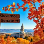 Flick International Vibrant autumn scene in Michigan featuring the state capitol building surrounded by colorful fall leaves