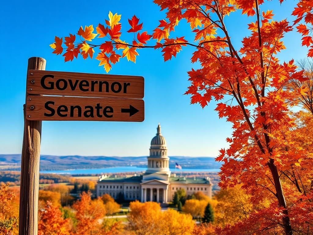 Flick International Vibrant autumn scene in Michigan featuring the state capitol building surrounded by colorful fall leaves