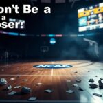 Flick International A darkened basketball court with the NCAA tournament logo and scattered betting slips symbolizing lost wagers