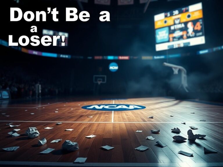 Flick International A darkened basketball court with the NCAA tournament logo and scattered betting slips symbolizing lost wagers