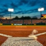 Flick International Twilight baseball field with a chalk line and stadium lights