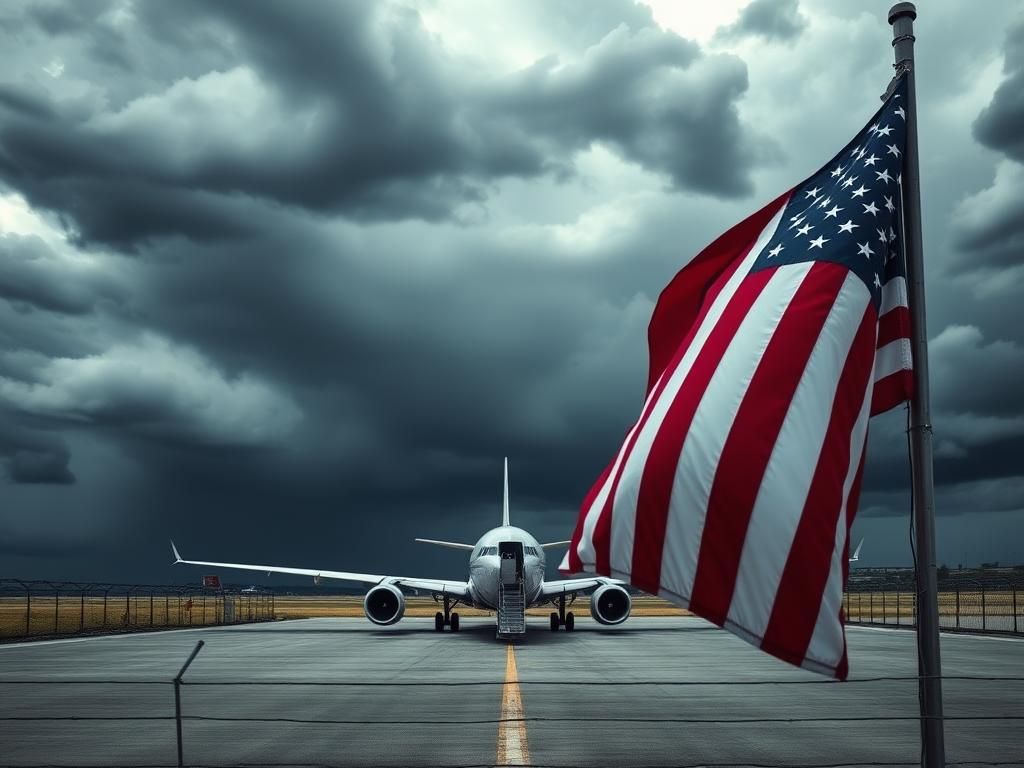 Flick International Stormy sky over an industrial airport runway with a grounded airplane