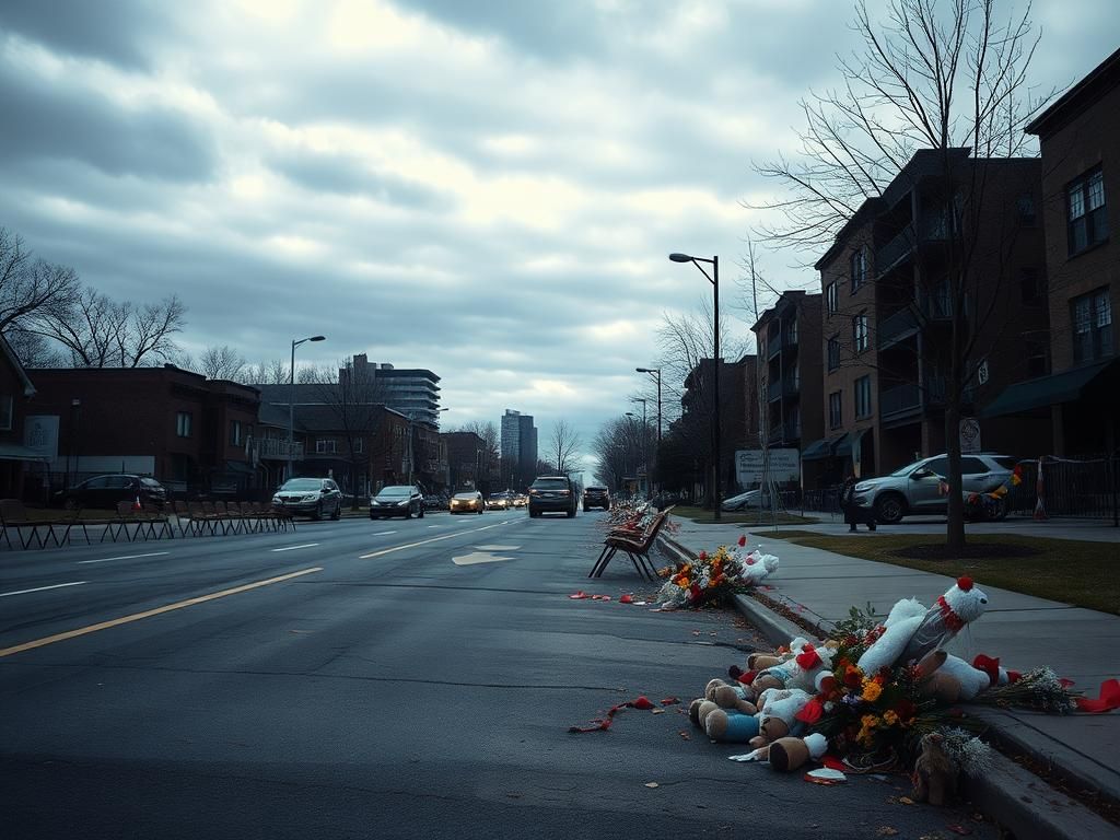 Flick International Somber scene of a deserted parade route in Highland Park, Illinois, with empty chairs and a makeshift memorial.