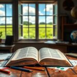 Flick International Open book surrounded by educational materials on a wooden table symbolizing homeschooling