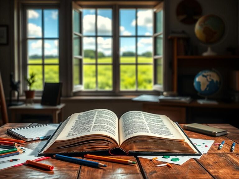 Flick International Open book surrounded by educational materials on a wooden table symbolizing homeschooling