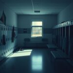 Flick International Dimly lit school locker room showcasing empty lockers and a transgender pride flag