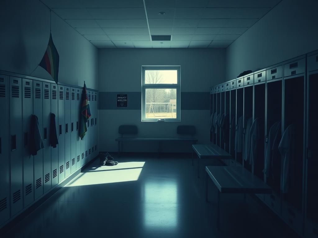 Flick International Dimly lit school locker room showcasing empty lockers and a transgender pride flag