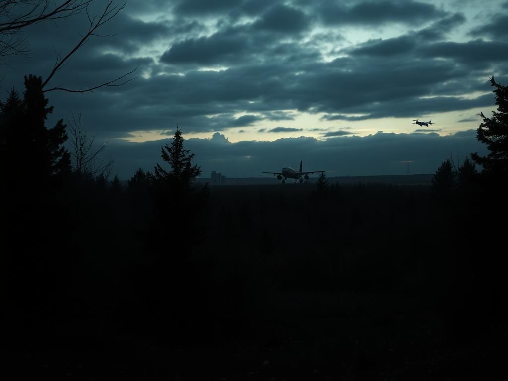 Flick International Military base scene at dusk with wooded area and silhouette of aircraft