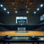 Flick International Empty basketball court in South Alabama with NCAA tournament sign