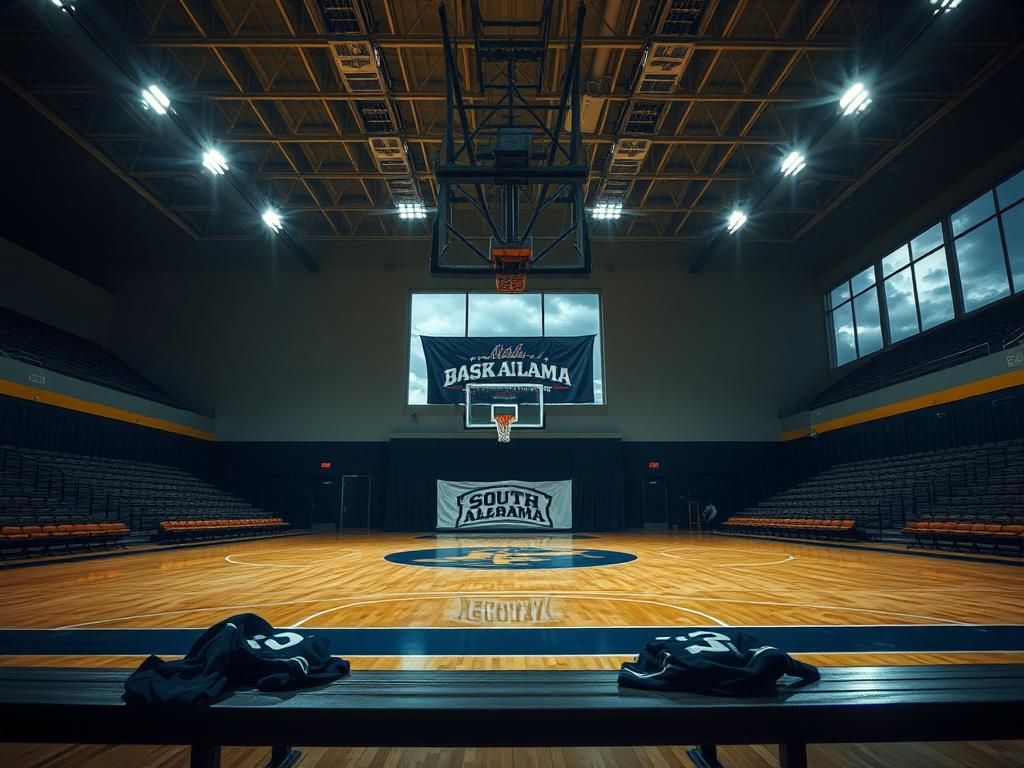 Flick International Empty basketball court in South Alabama with NCAA tournament sign