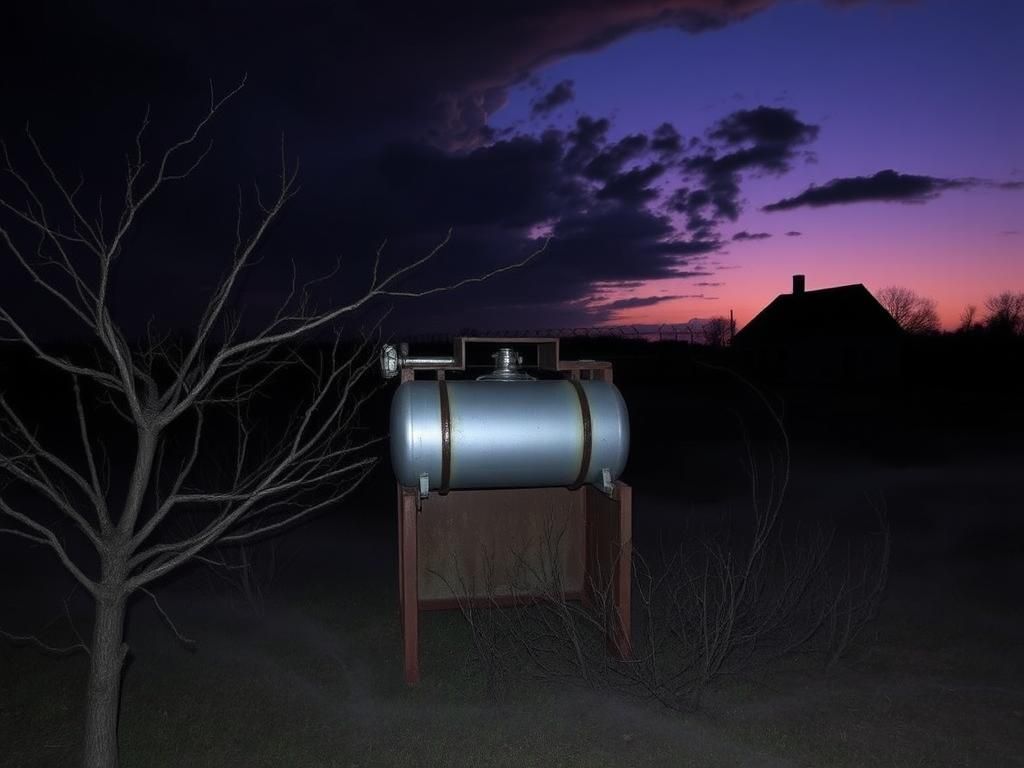 Flick International A dark, ominous landscape depicting an abandoned execution chamber in rural Louisiana at twilight.