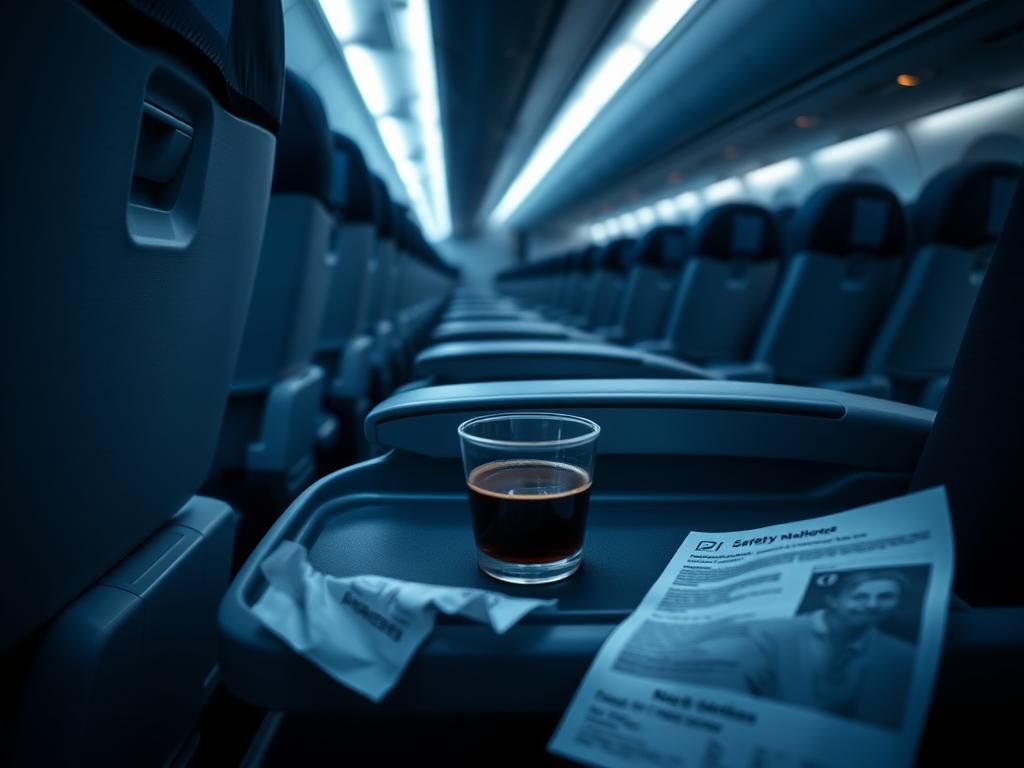 Flick International Empty airplane seat with a half-drunk coffee and crumpled snack wrapper