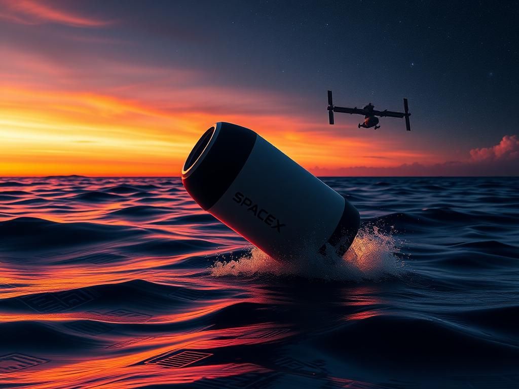 Flick International SpaceX Dragon capsule splashing down into the ocean during a successful astronaut rescue mission