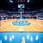 Flick International UNC Tar Heels basketball court scene post-game celebration with vibrant colors and confetti