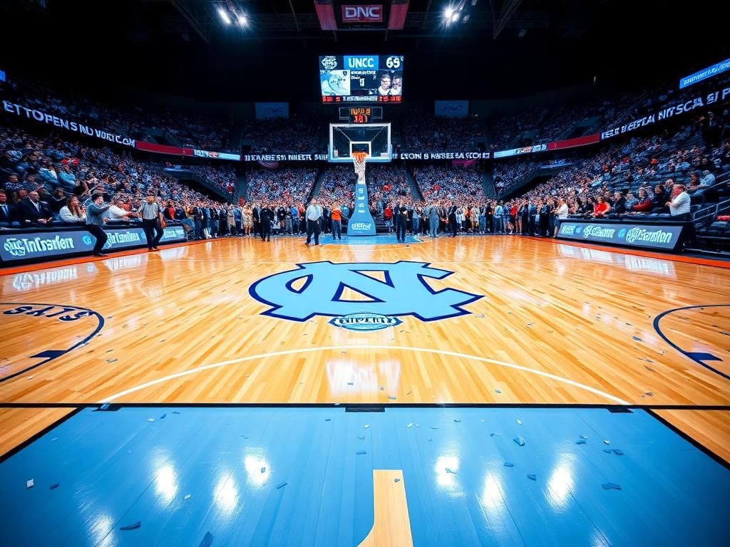 Flick International UNC Tar Heels basketball court scene post-game celebration with vibrant colors and confetti