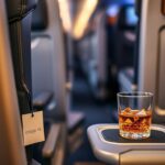 Flick International Close-up of a luxury first-class airplane seat with a drink abandoned on the tray table