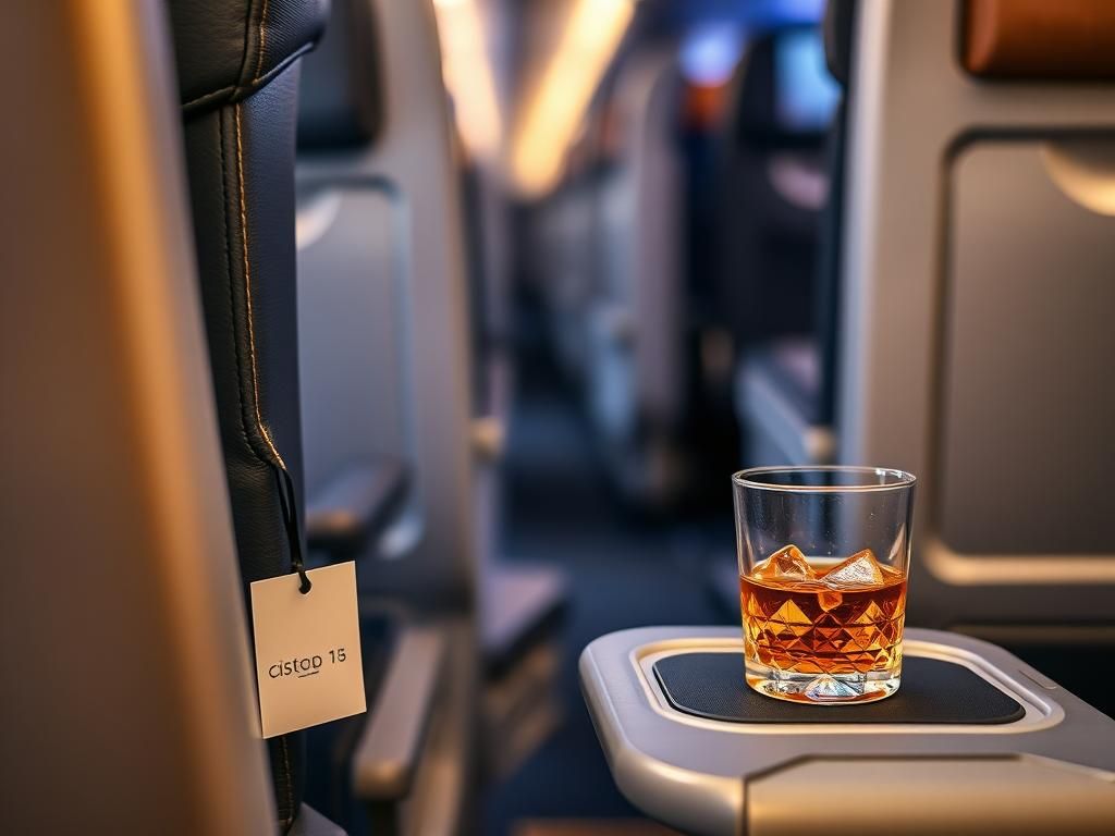 Flick International Close-up of a luxury first-class airplane seat with a drink abandoned on the tray table