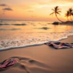 Flick International serene beach scene at dusk with flip-flops and towel