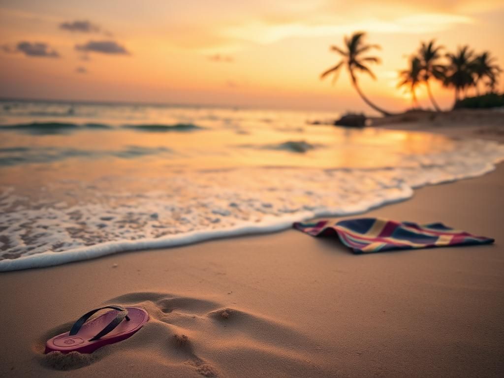 Flick International serene beach scene at dusk with flip-flops and towel