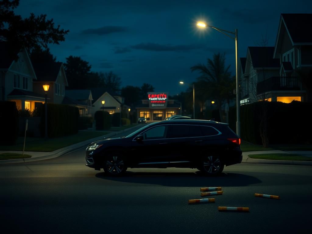 Flick International Dimly lit suburban street showcasing luxury homes and a suspiciously parked black SUV