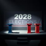 Flick International Empty debate stage with Democratic and Republican podiums symbolizing election dynamics